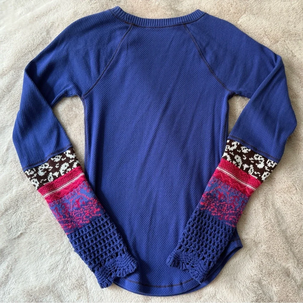Free People Cobalt Blue Thermal Top with Pink & Black Patterned Sleeves